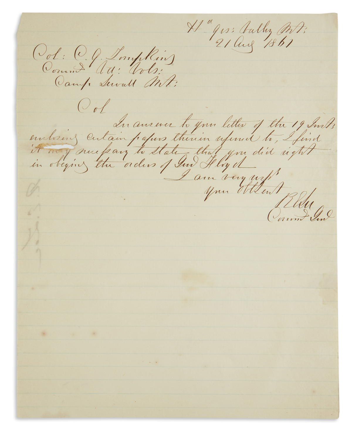 (CIVIL WAR.) ROBERT E. LEE. Brief Autograph Letter Signed, RELee / Commg Genl, to Colonel Christopher Q. Tompkins:e...